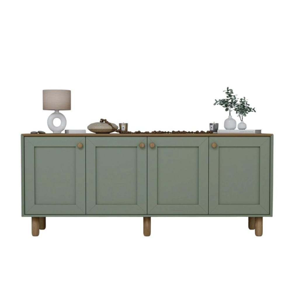 Buffet 4 portes L180 cm décor vert et bois
