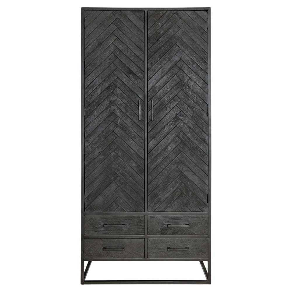 Buffet haut en bois noir 2 portes 4 tiroirs motif chevrons