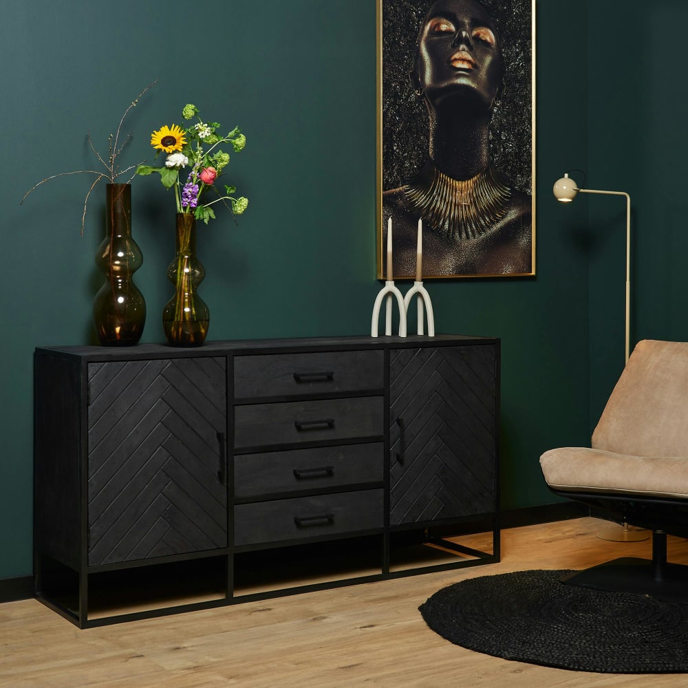 Buffet noir motif chevrons 2 portes 4 tiroirs