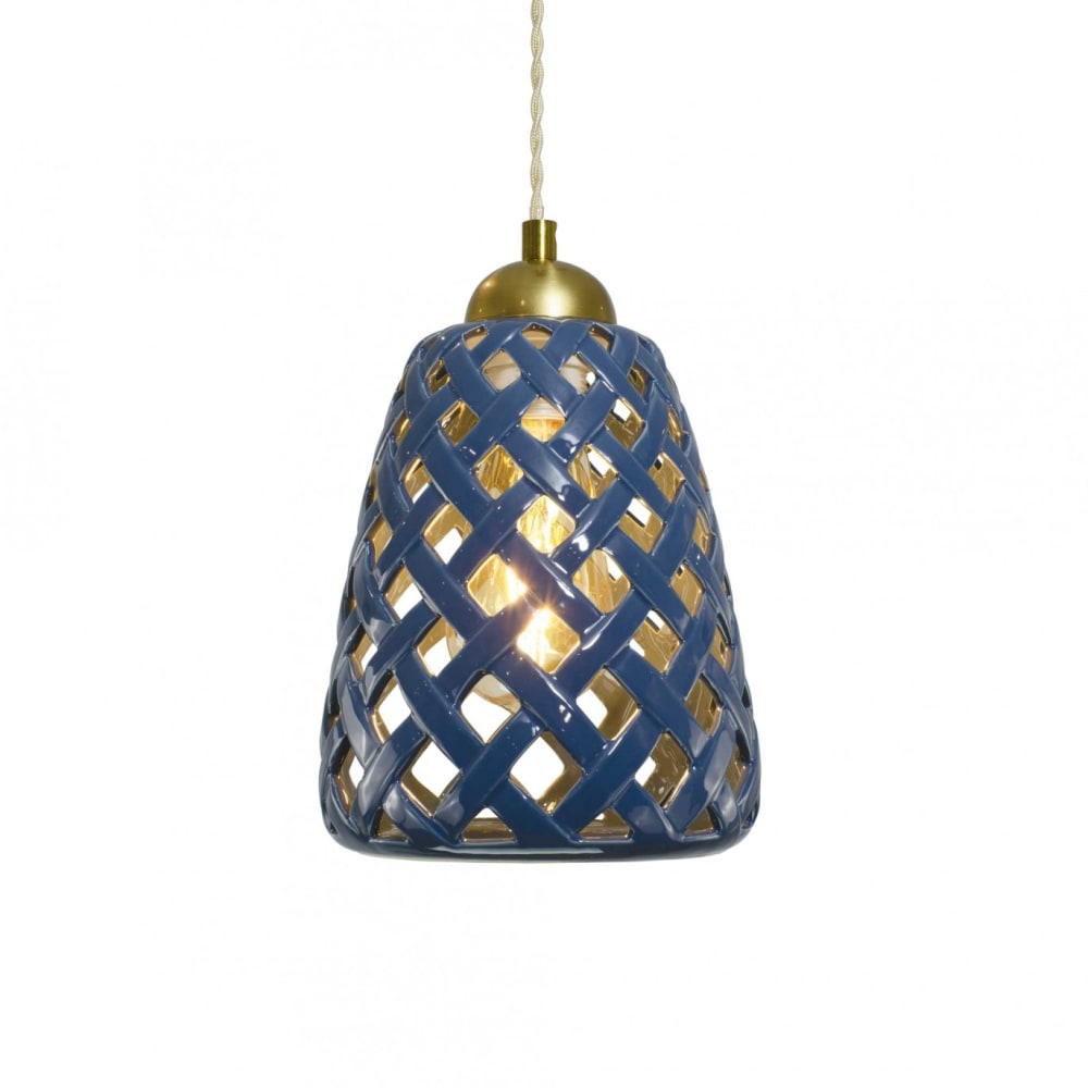 Suspension en céramique avec son équipement en textile et métal bleu