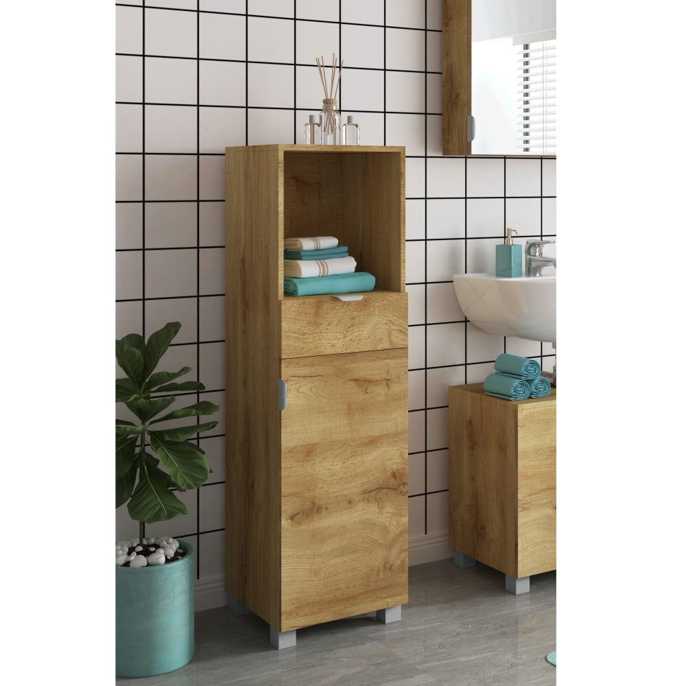Loft24 Waschbeckenunterschrank mit 1 Tür 1 Schublade in Eichenoptik Braun Spanplatte