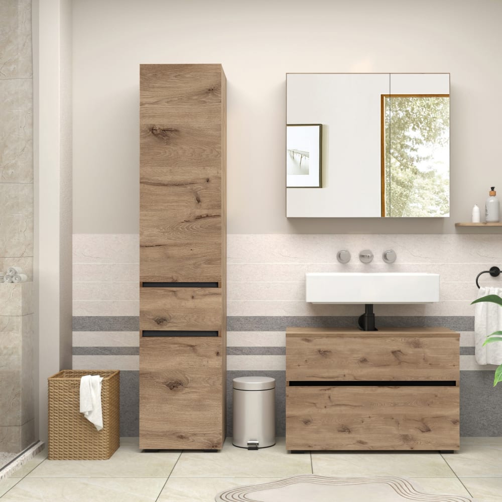 Meuble colonne de salle de bains avec 2 portes et 1 tiroir effet chêne