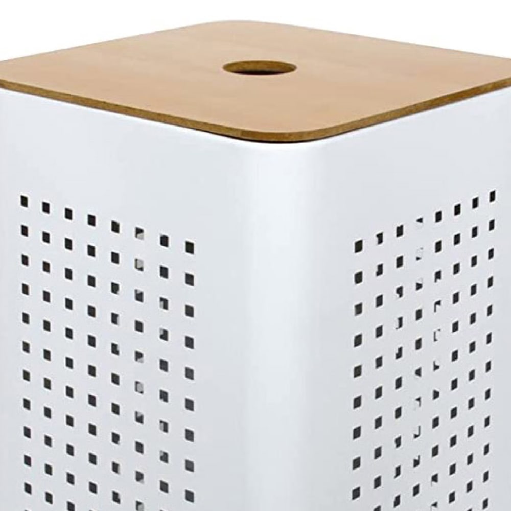 Panier à linge en métal blanc avec couvercle bois blanc 30 x 30 — vue 3