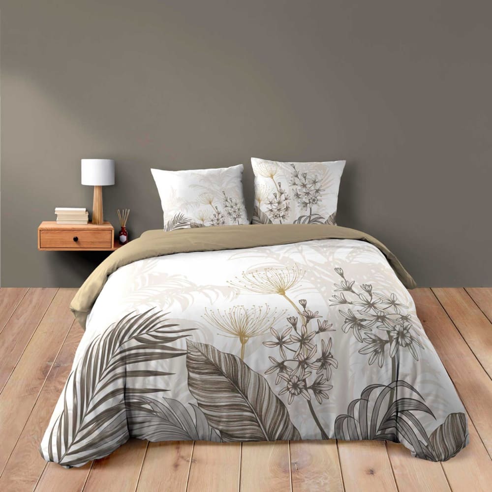 Parure de lit 3 pièces coton motif feuillage floral housse + 2 taies