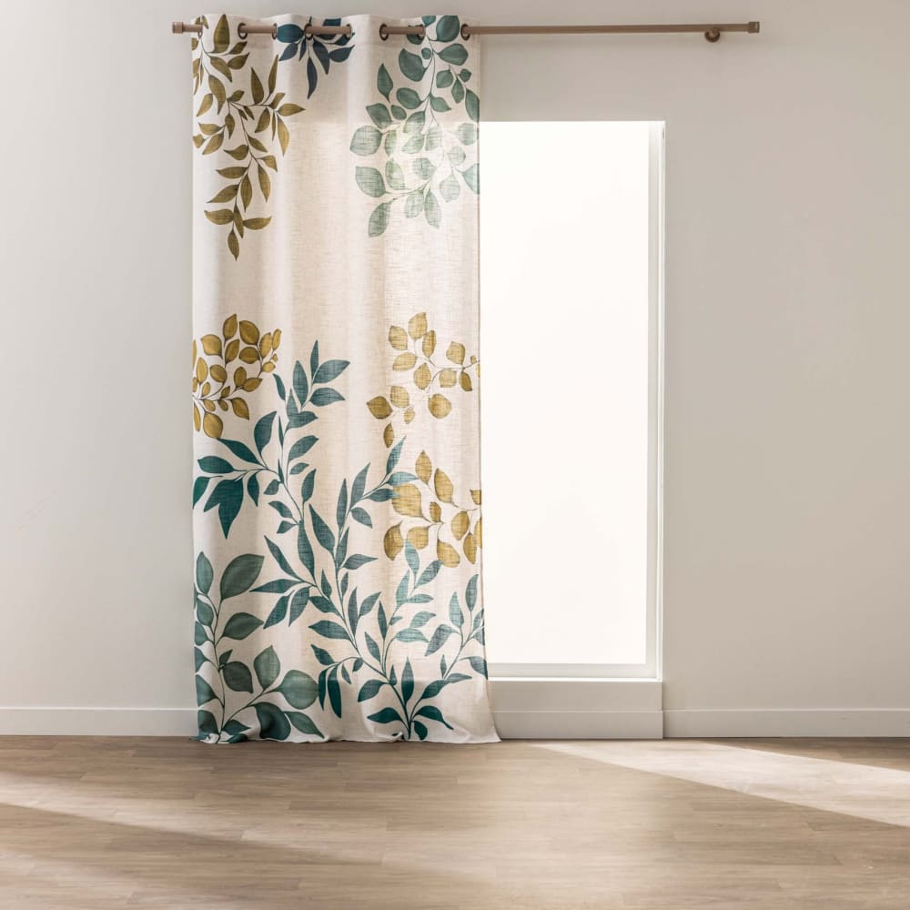 Rideau à œillets polylin imprimé feuillages tamisant naturel 140 x 260