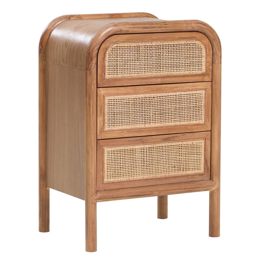 Table de chevet 3 tiroirs en rotin et bois de noyer