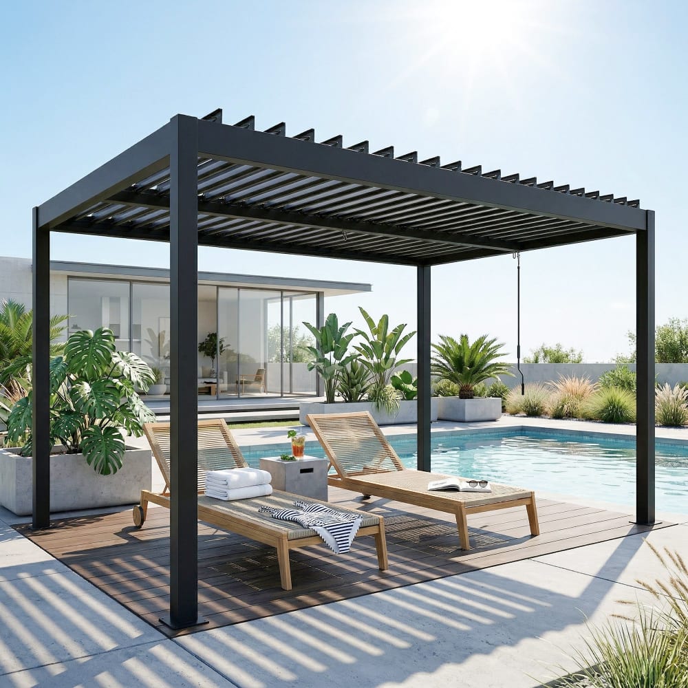 Pergola bioclimatique lames orientables aluminium gris foncé