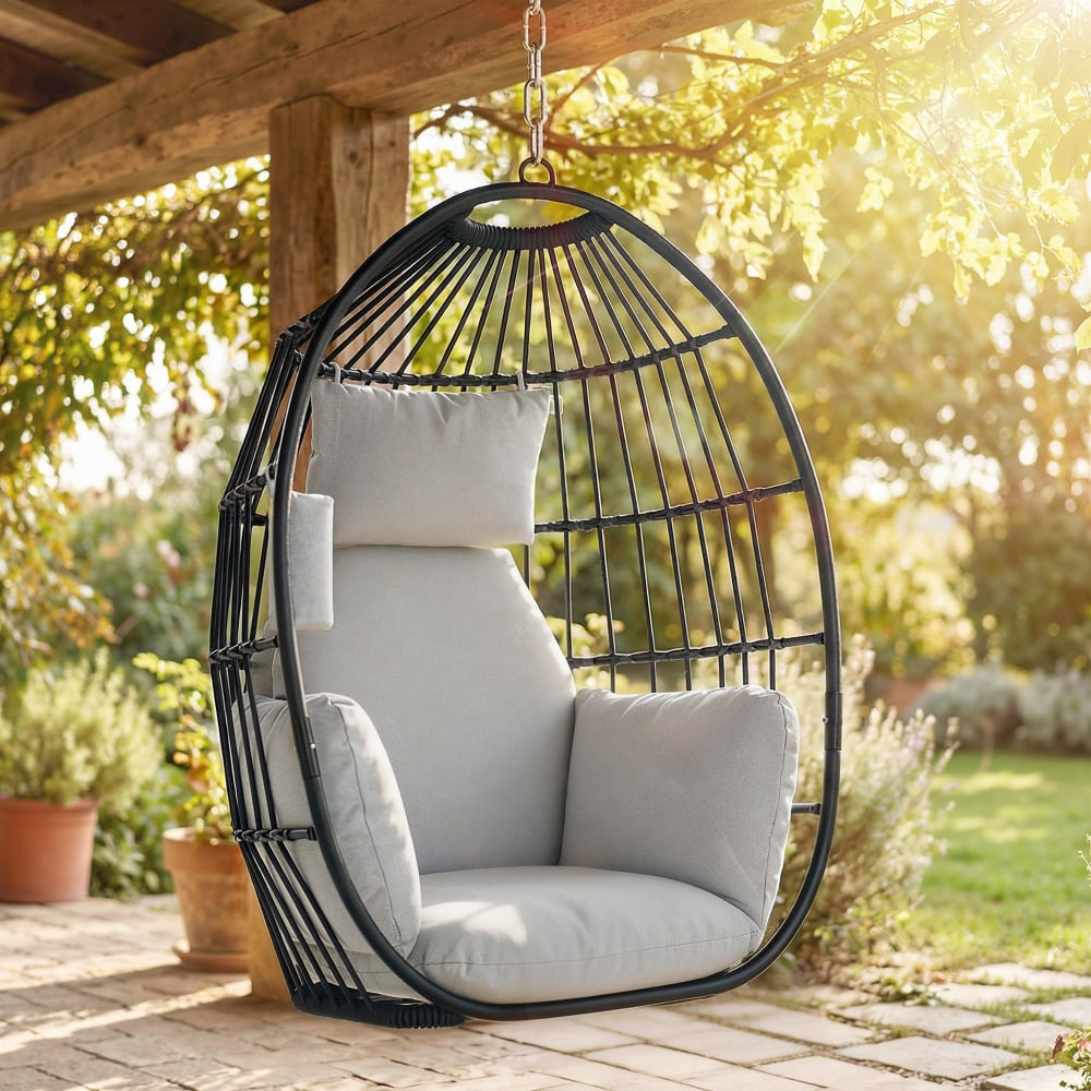 Chaise suspendue oeuf pliable coussin acier gris foncé