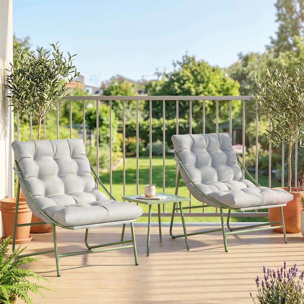 Salon de jardin bistro 3 pièces coussins métal gris clair