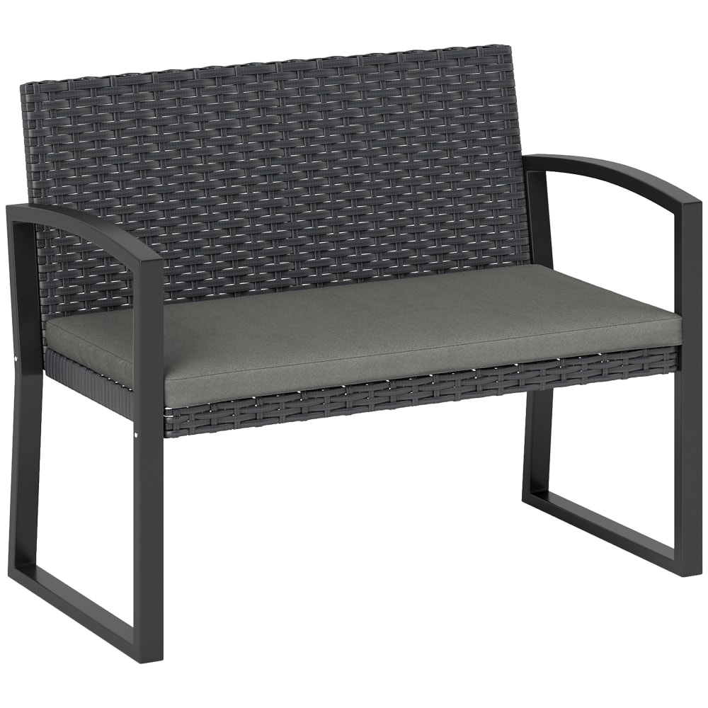 Banc de jardin 2 places en résine tressée PE avec coussin gris et noir