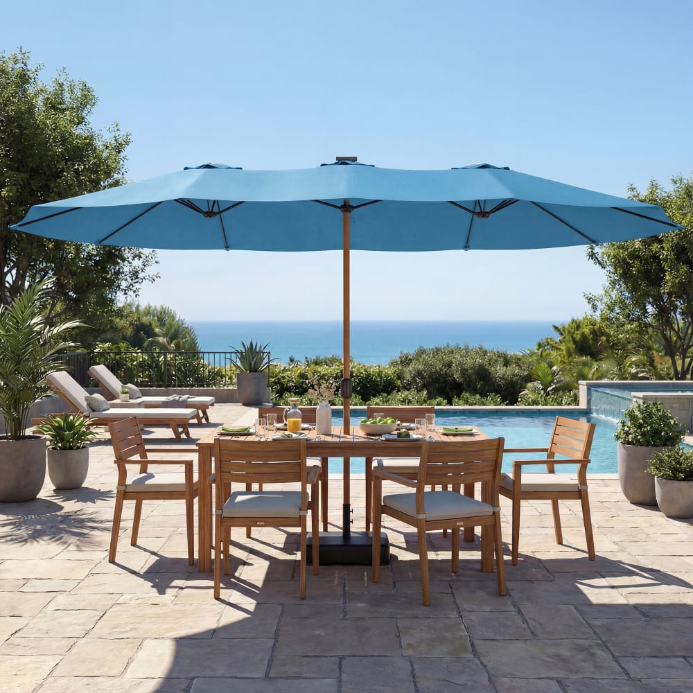 Parasol de jardin double manivelle base incluse polyester bleu