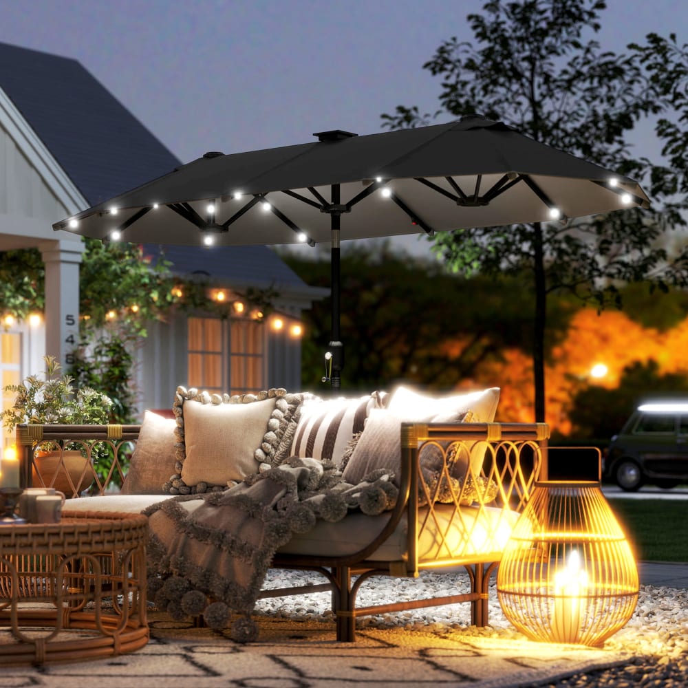 Parasol de jardin double 3 x 1,5 m éclairage solaire polyester gris