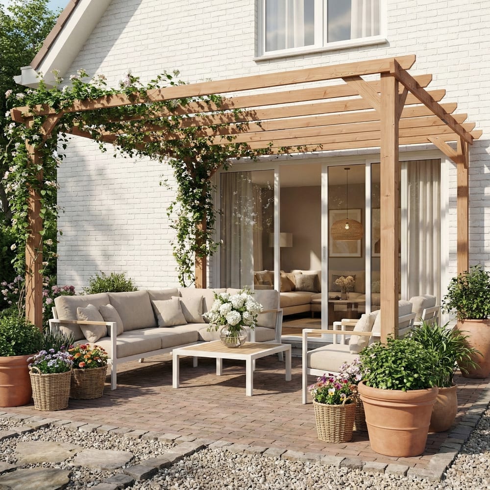Pergola en bois poteaux 90 mm et 7 poutres effet bois d'érable