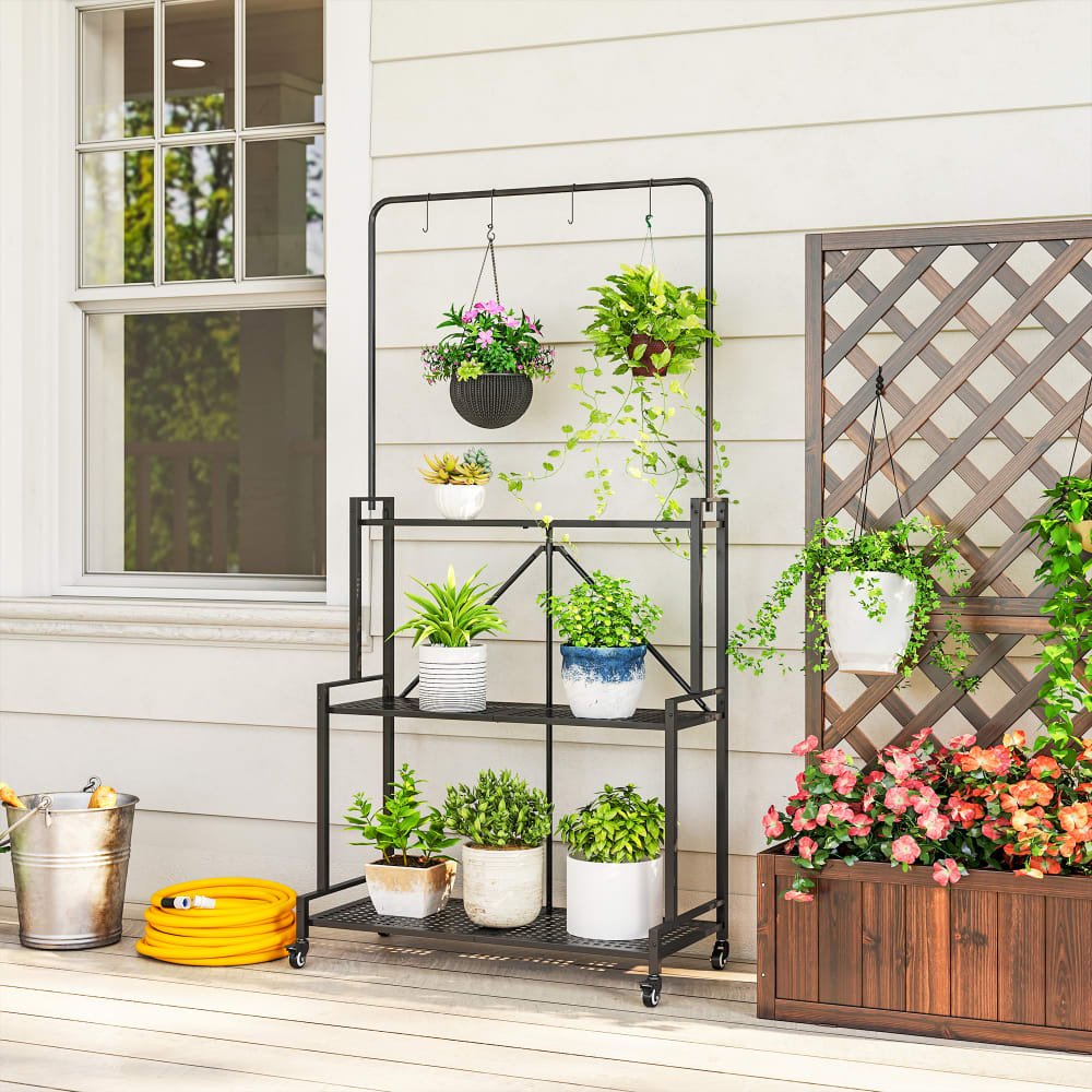 Étagère pour Plantes Pliable en Métal à 3 Niveaux avec Roulettes Noir