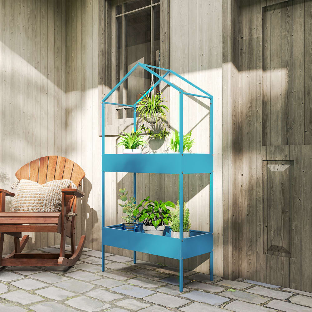 Étagère à plantes en métal 2 niveaux en forme de maison bleu vert — vue 3