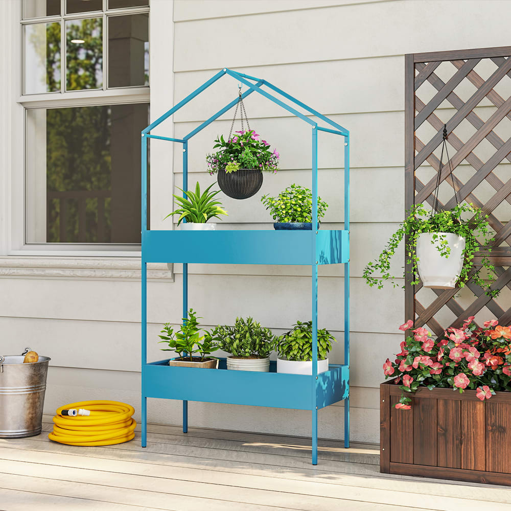 Étagère à plantes en métal 2 niveaux en forme de maison bleu vert — vue 4