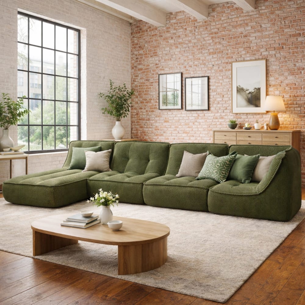 Canapé modulable avec méridienne velours côtelé 330 cm 4 places vert