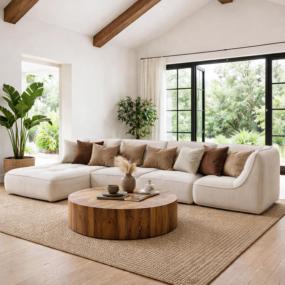 Canapé modulable avec méridienne velours côtelé 330 cm 4 places écru