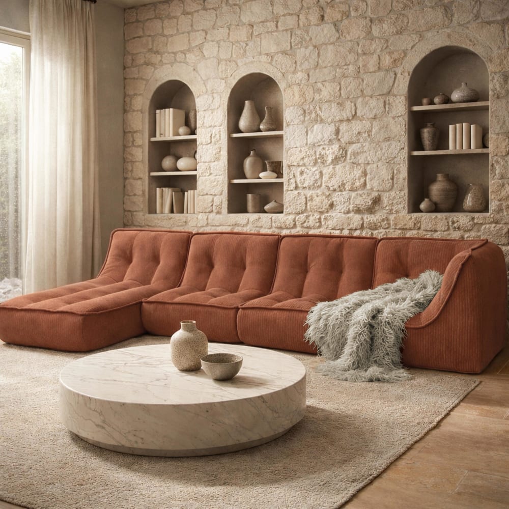 Canapé modulable avec méridienne velours 330 cm 4 places terracotta