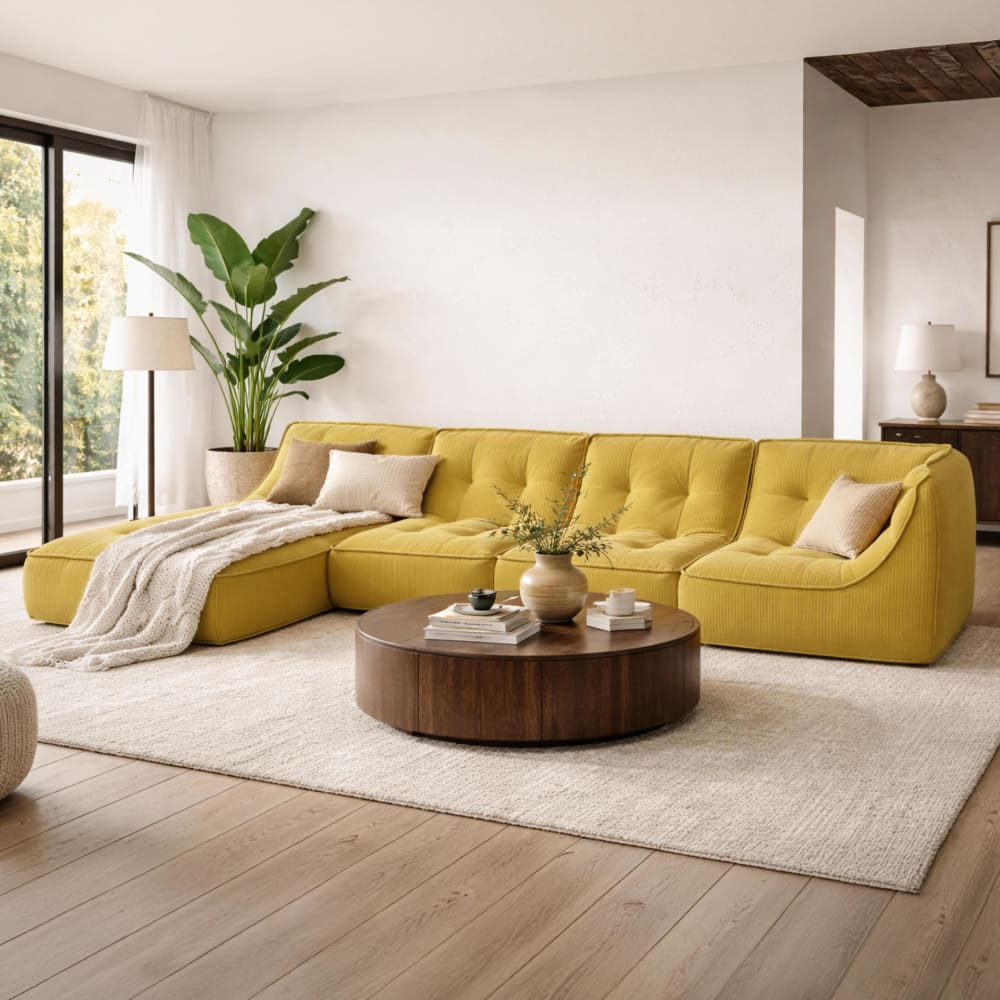 Canapé modulable avec méridienne velours côtelé 330 cm 4 places jaune