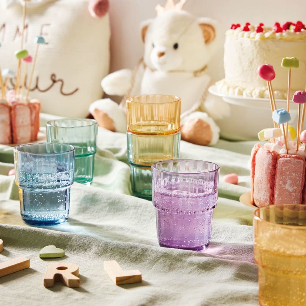12 verres à eau 25 cl en verre teinté (bleu, violet, vert et jaune)
