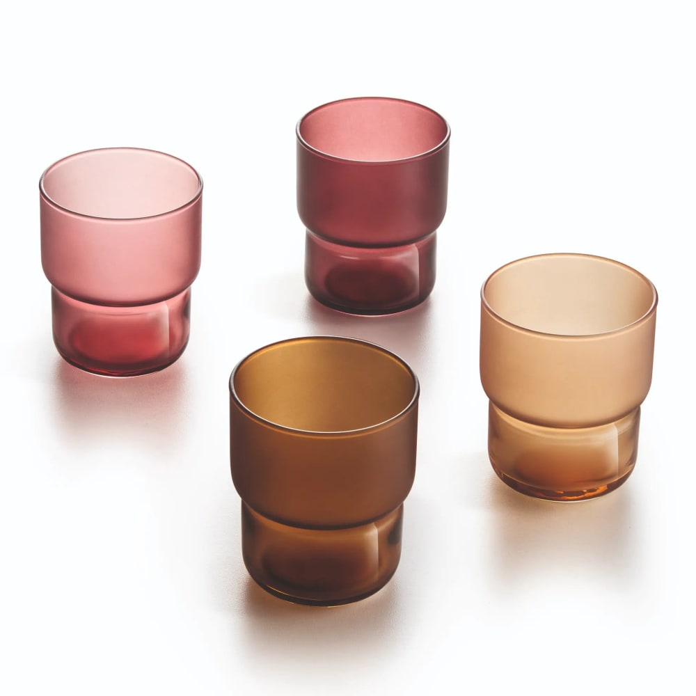 12 verres à eau 27 cl en verre teinté (rose, bordeaux, ambre, beige)