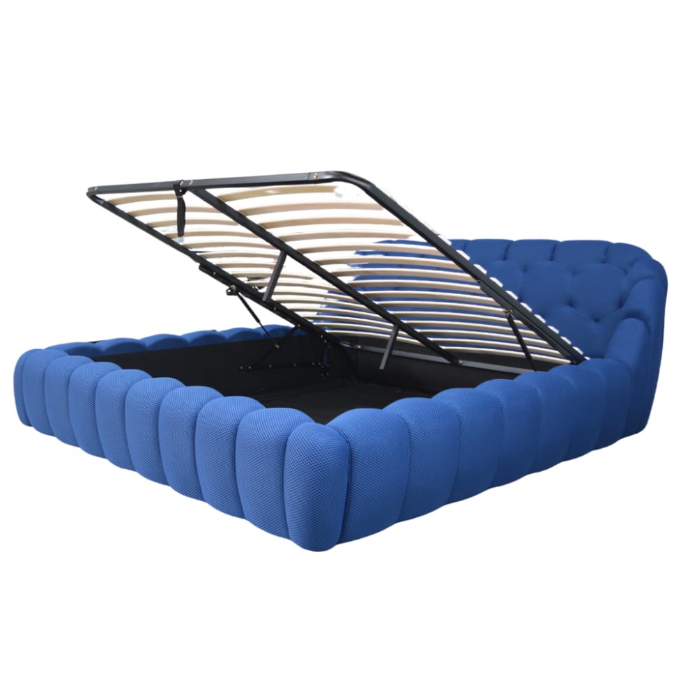 Lit coffre avec tête de lit en tissu 3D bleu nuit 200x200 cm