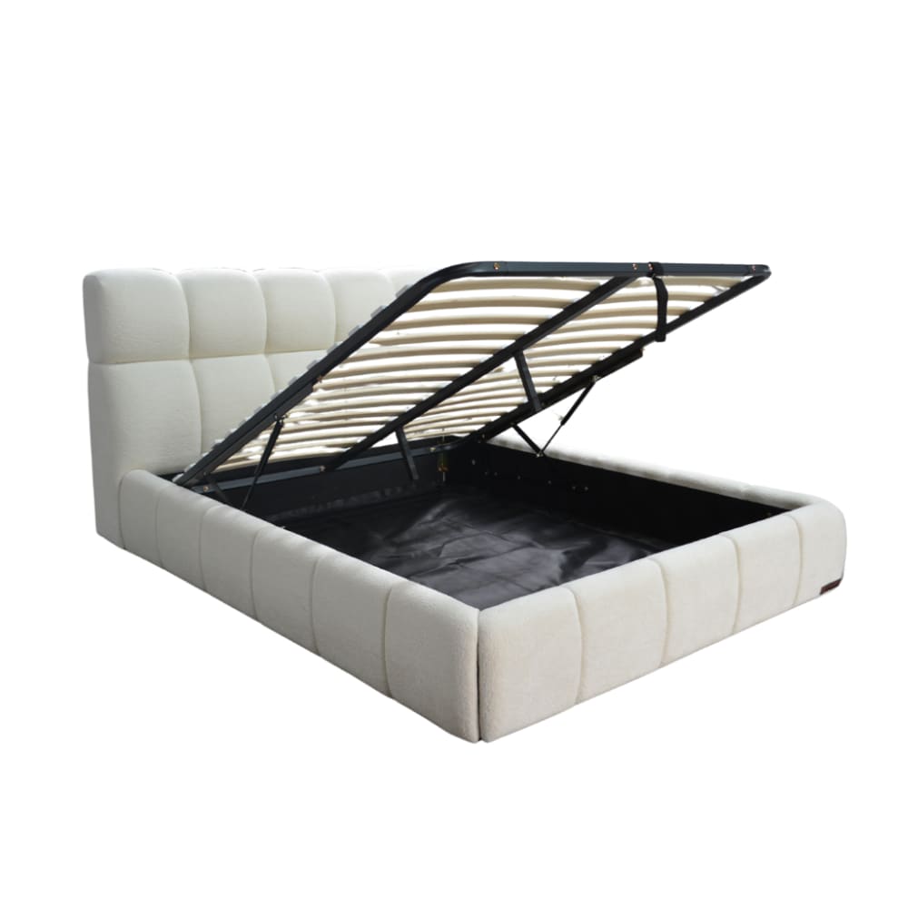 Lit coffre avec tête de lit en tissu chenille beige 160x200 cm