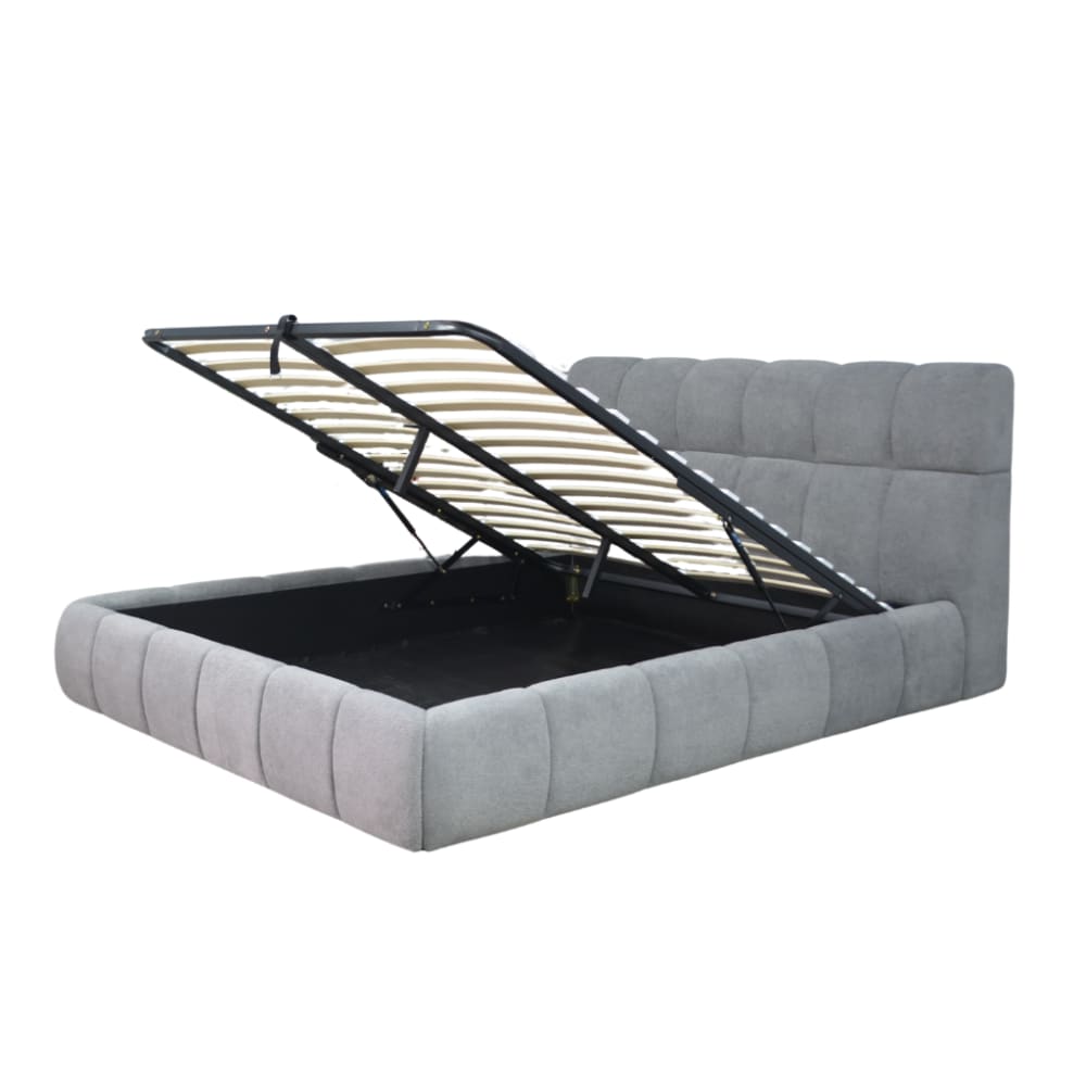 Lit coffre avec tête de lit en tissu chenille gris 160x200 cm