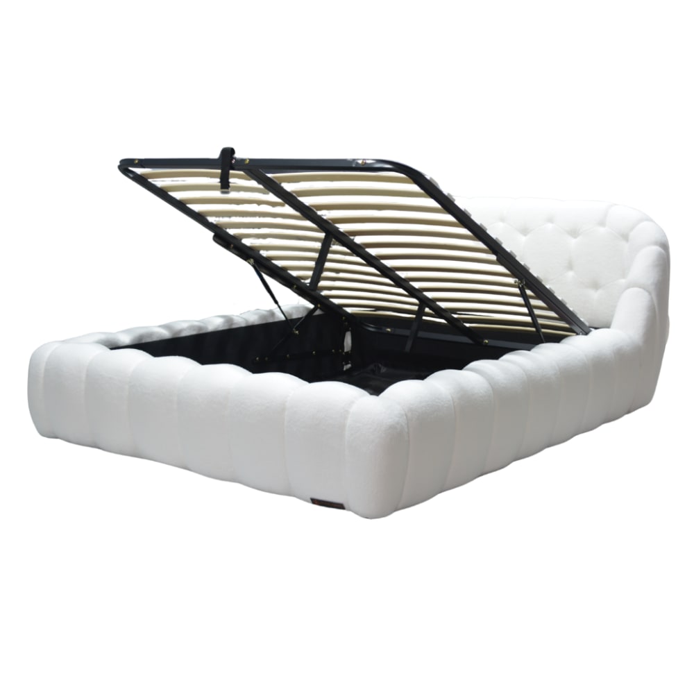 Lit coffre avec tête de lit en tissu bouclette blanc 140x190 cm