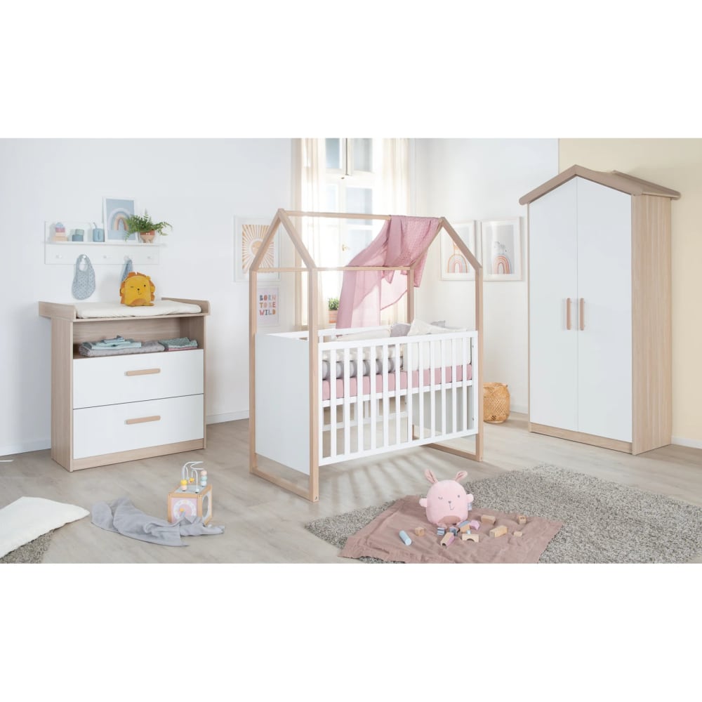 Chambre bébé complète en mélaminé blanc et imitation chêne