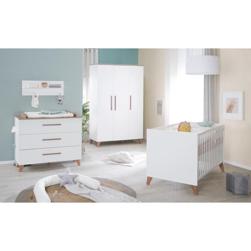 Chambre bébé complète en mélaminé blanc et imitation chêne