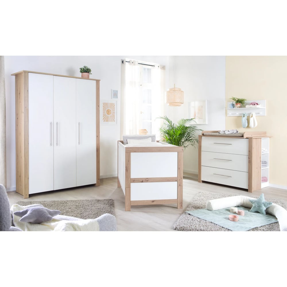 Chambre bébé complète en mélaminé blanc et imitation chêne Sonoma