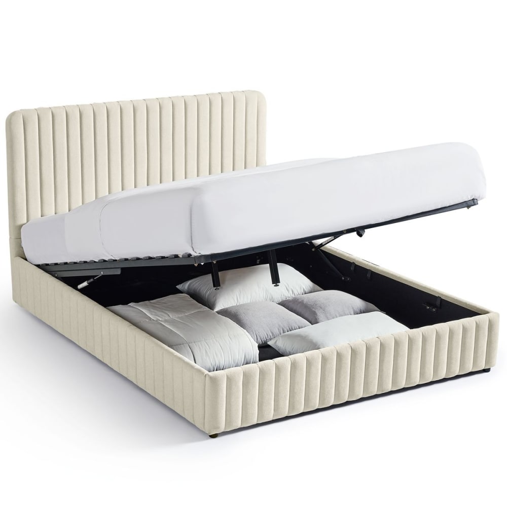 Lit coffre adulte 160x200 cm avec tête de lit en tissu chenille beige