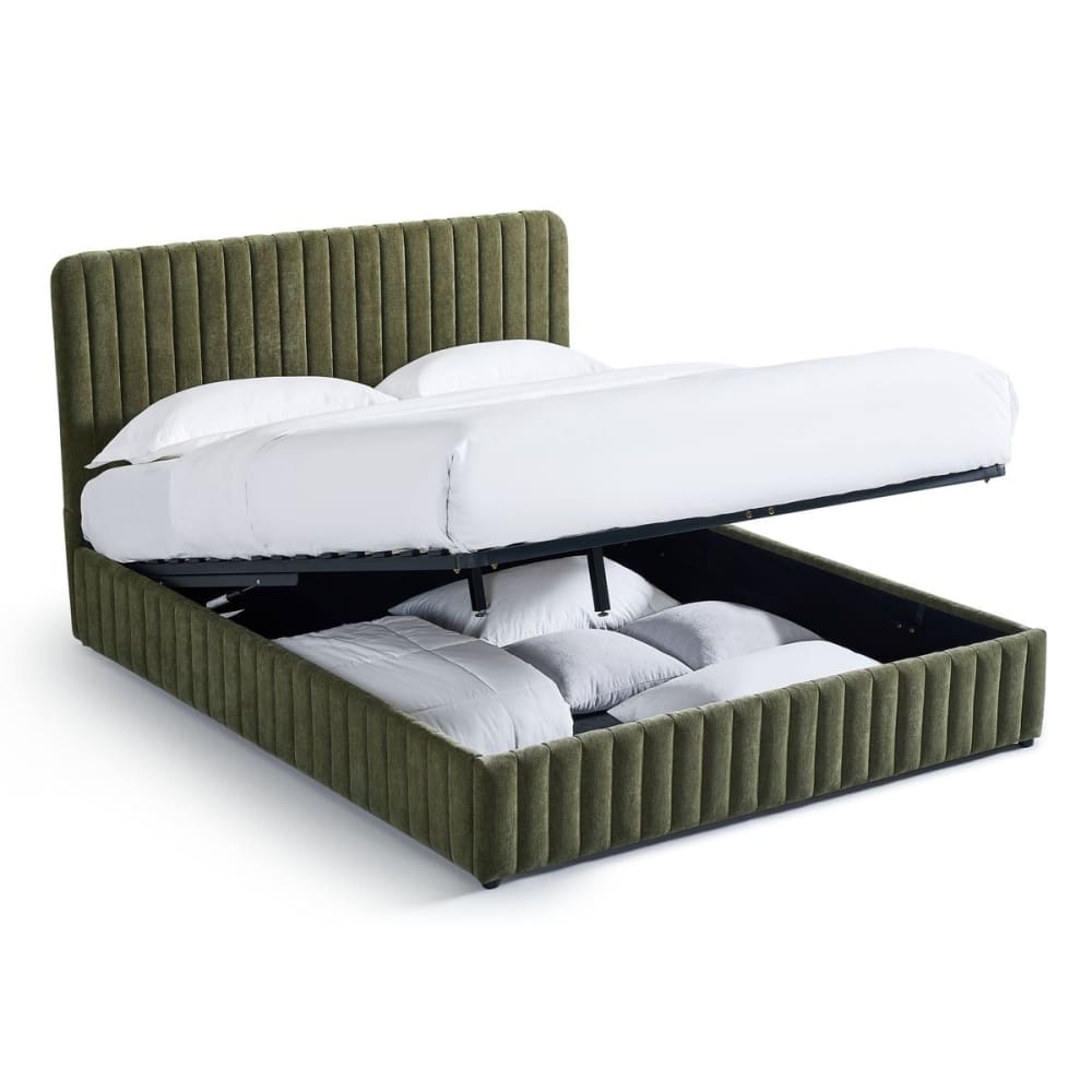 Lit coffre adulte 160x200 cm avec tête de lit en tissu chenille vert