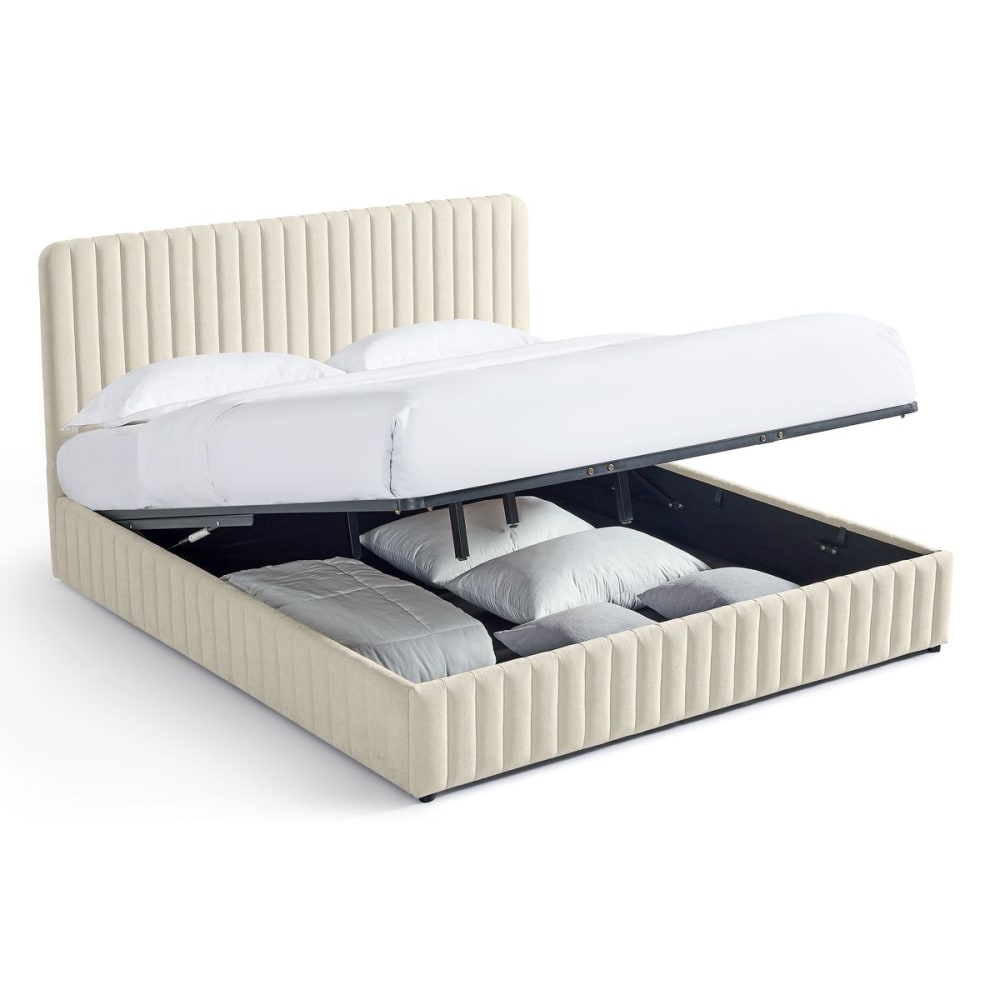 Lit coffre adulte 180x200 cm avec tête de lit en tissu chenille beige