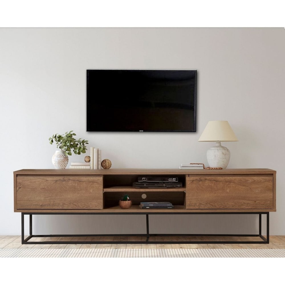 Meuble tv 2 tiroirs 2 niches effet noyer 180 cm