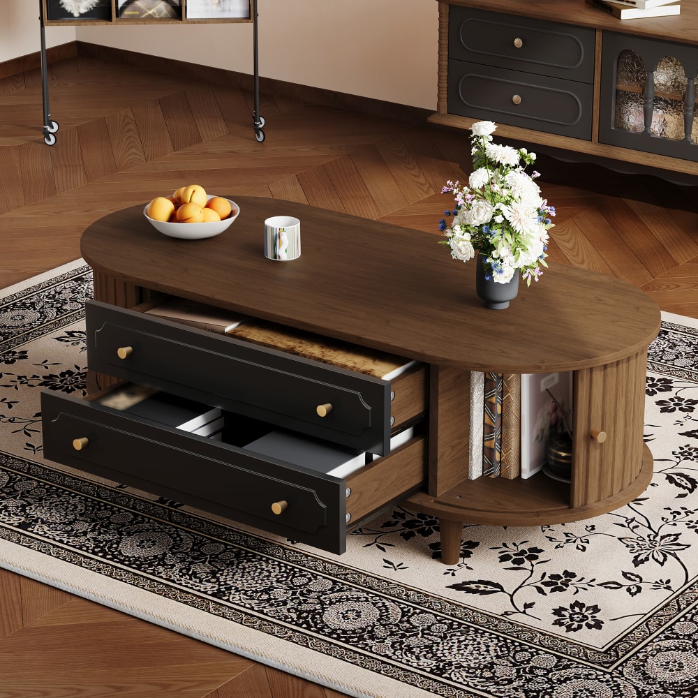 Couchtisch mit Rolltüren und Schubladen 100x50x36 cm, braun -