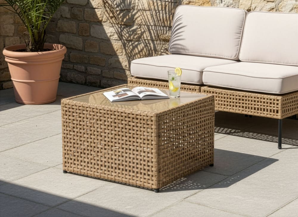 Table basse de jardin 66 cm 66 cm verre beige