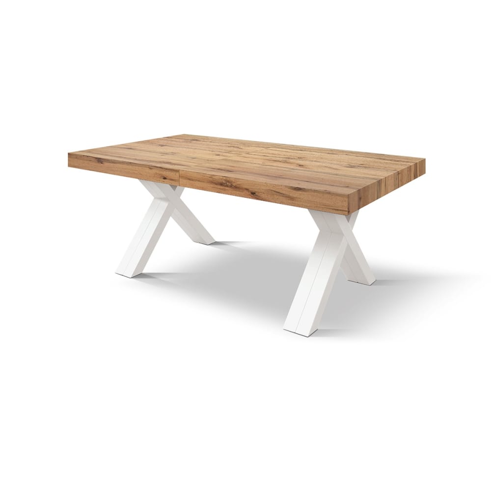 Konte.Design Tisch aus rustikaler Eiche, X-Beine aus weißem Holz, 180–480x90 - Holz