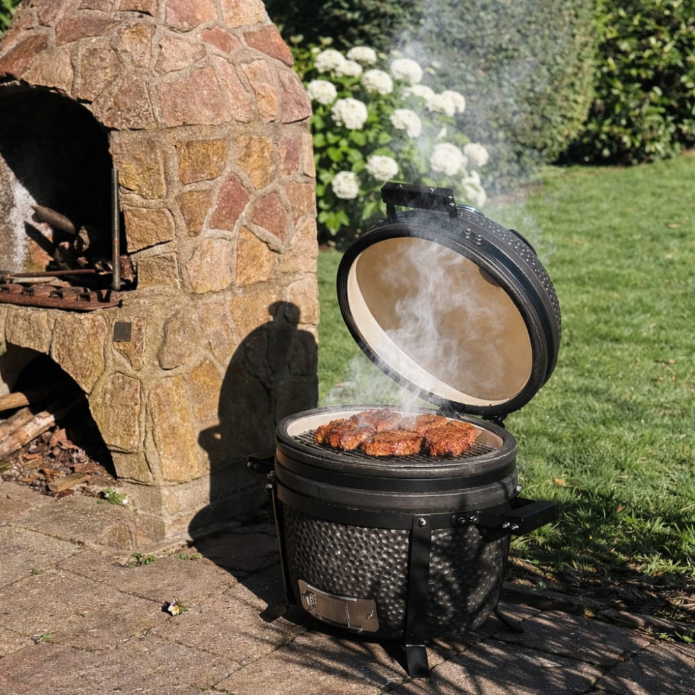 Barbecue kamado à charbon en céramique noire, grille Ø 34 cm