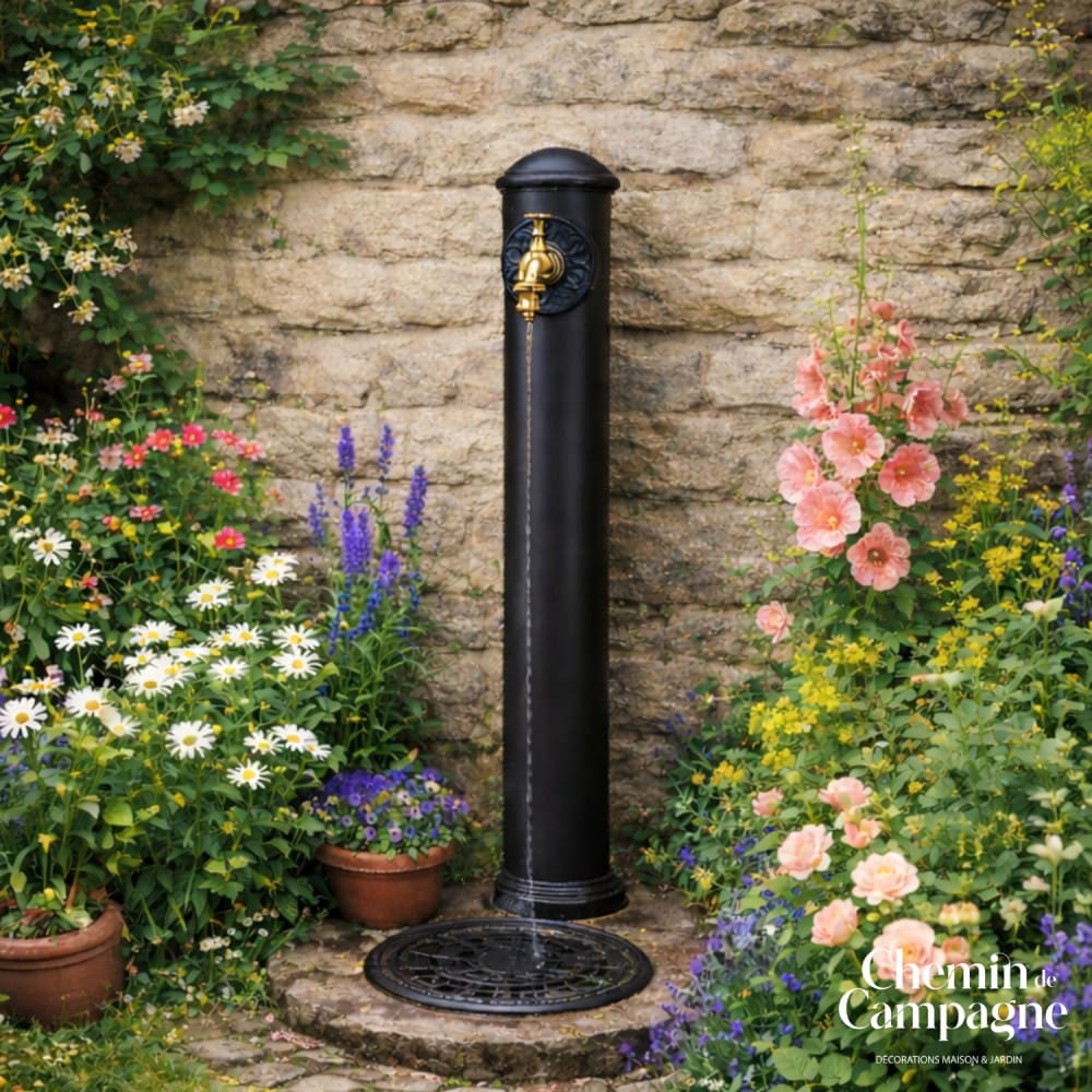 Fontaine de jardin extérieur cylindrique en fonte noire 90cm