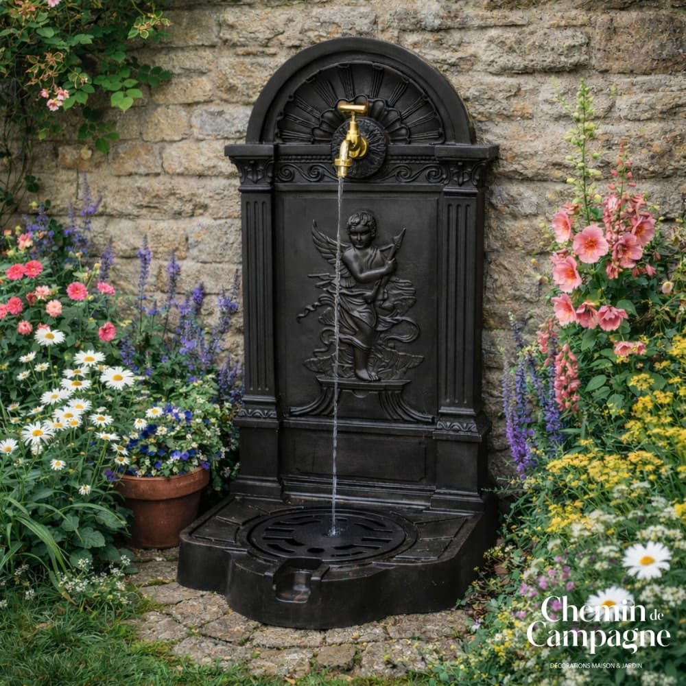Fontaine de jardin extérieur fonte aluminium noire ange 84cm