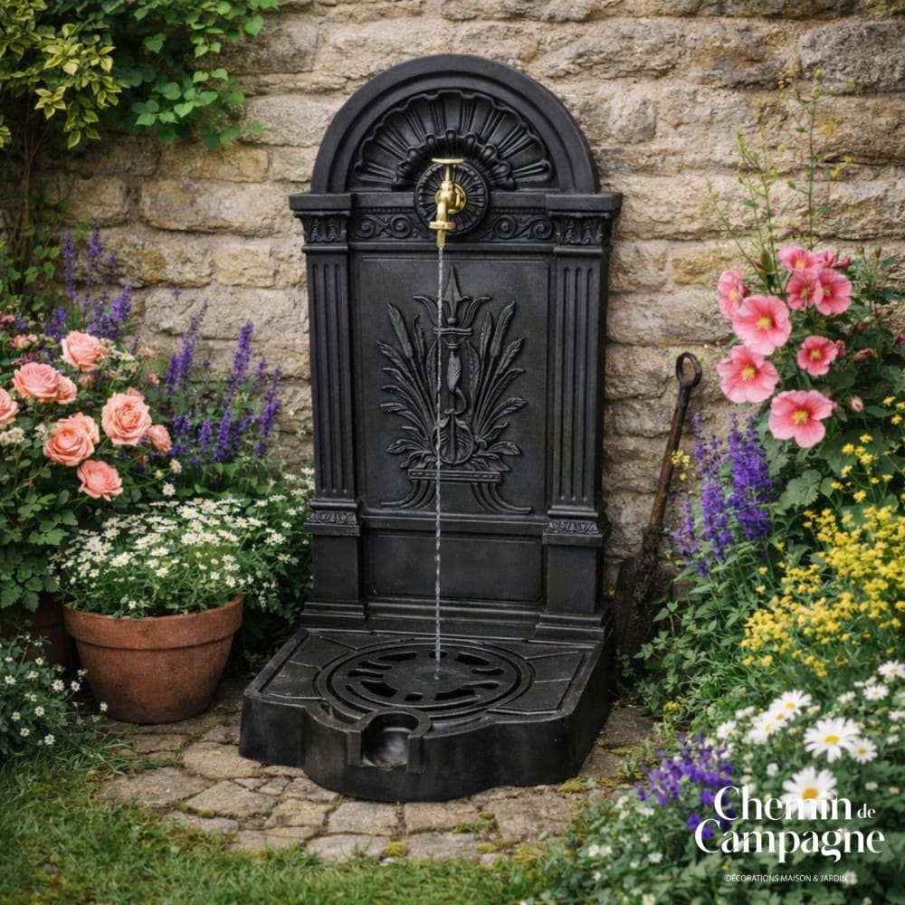 Fontaine de jardin extérieur fonte aluminium noire roseaux 84cm