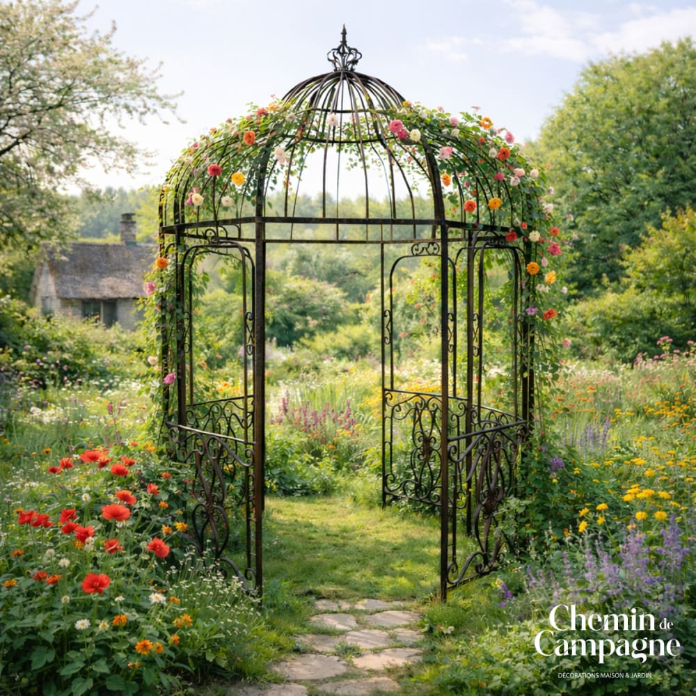Gloriette gazebo tonnelle kiosque abri jardin fer marron Ø208xHt.314cm