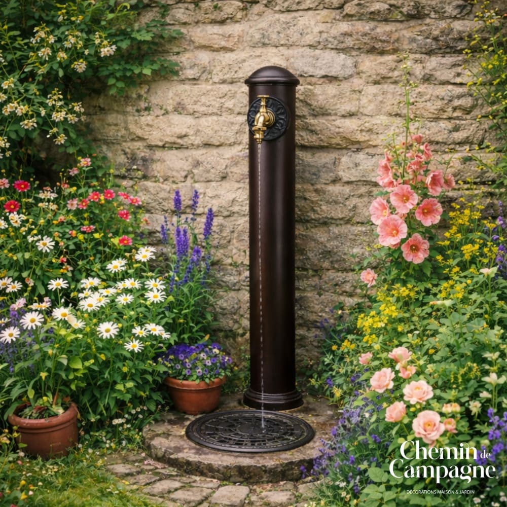 Fontaine de jardin extérieur cylindrique en fonte marron 90cm