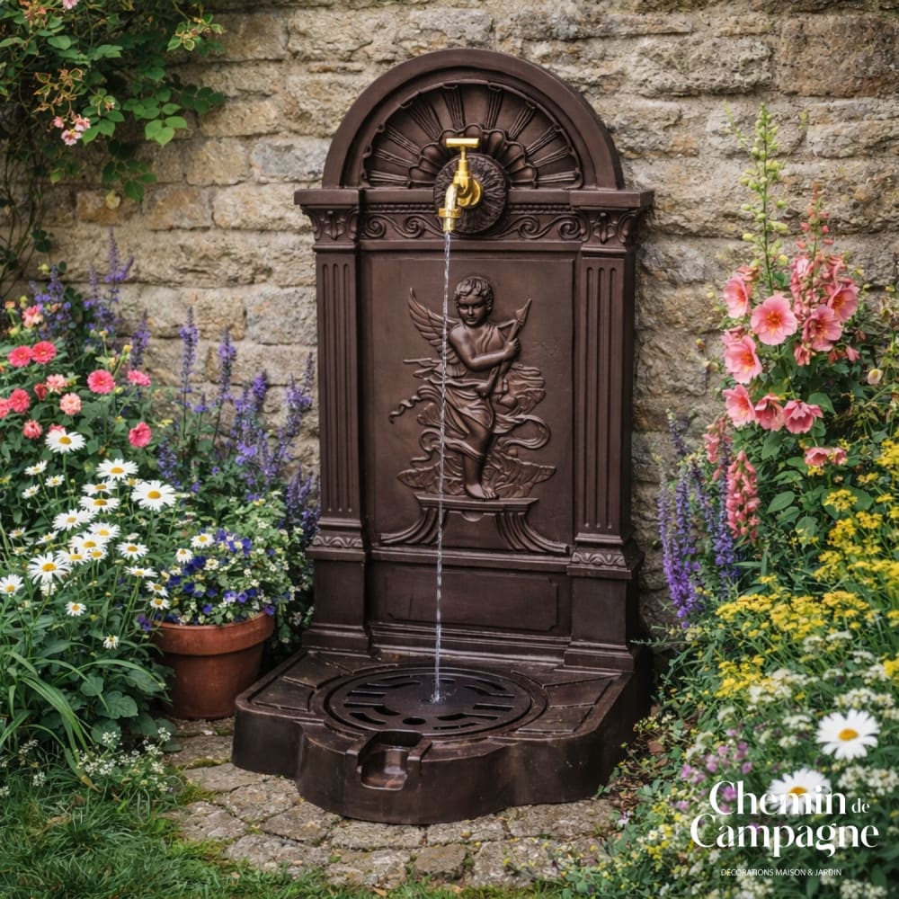 Fontaine de jardin extérieur fonte aluminium marron ange 84cm