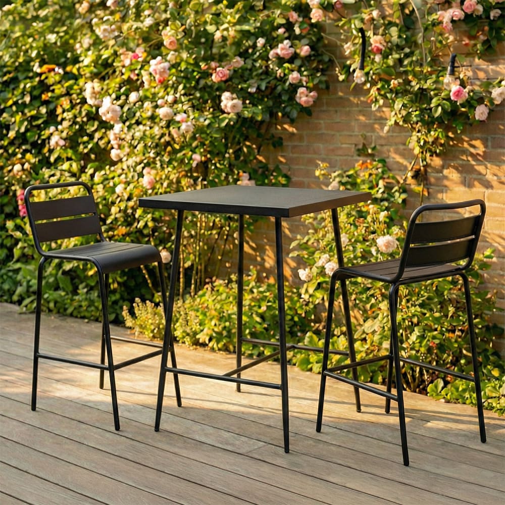 Ensemble table de bar et 2 chaises hautes d'extérieur gris foncé