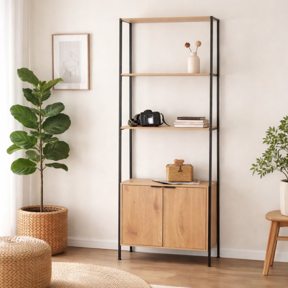 Etagère 4 rangements et placard 176 cm bois et noir