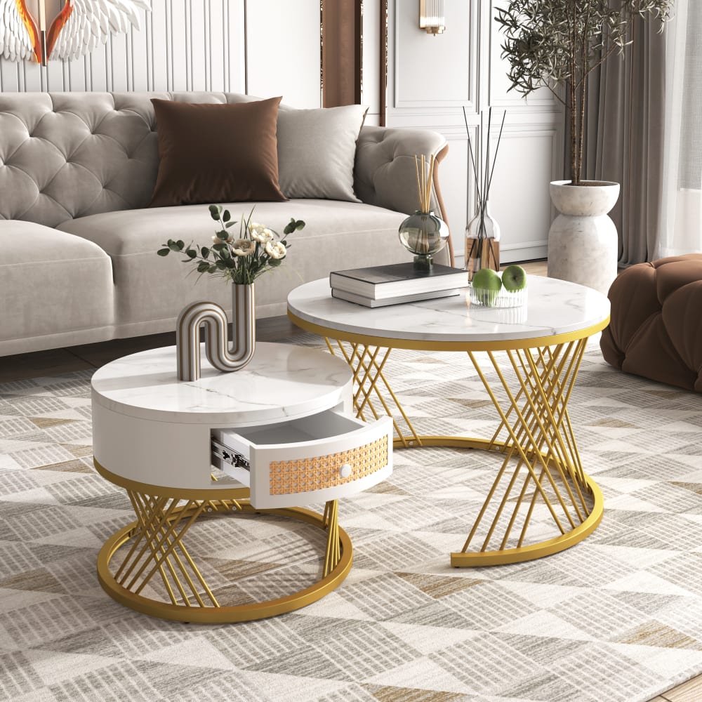Couchtisch-Set aus MDF mit Schublade 70x70x45,5 cm, weiß -